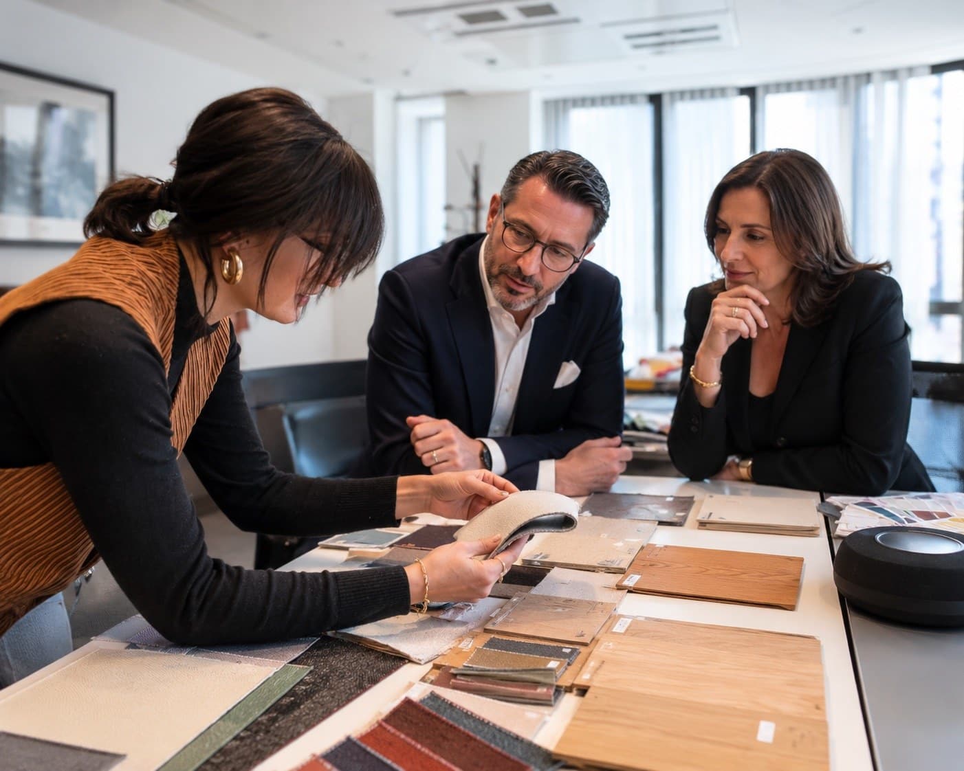 Équipe Singulier sélectionnant des échantillons de matériaux pour un projet de design & build de bureaux